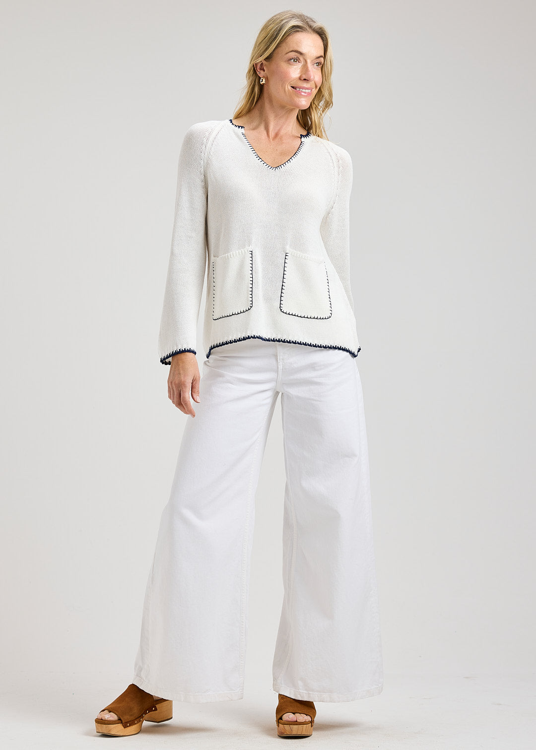 Capri Whipstitch Sweater- WHITE