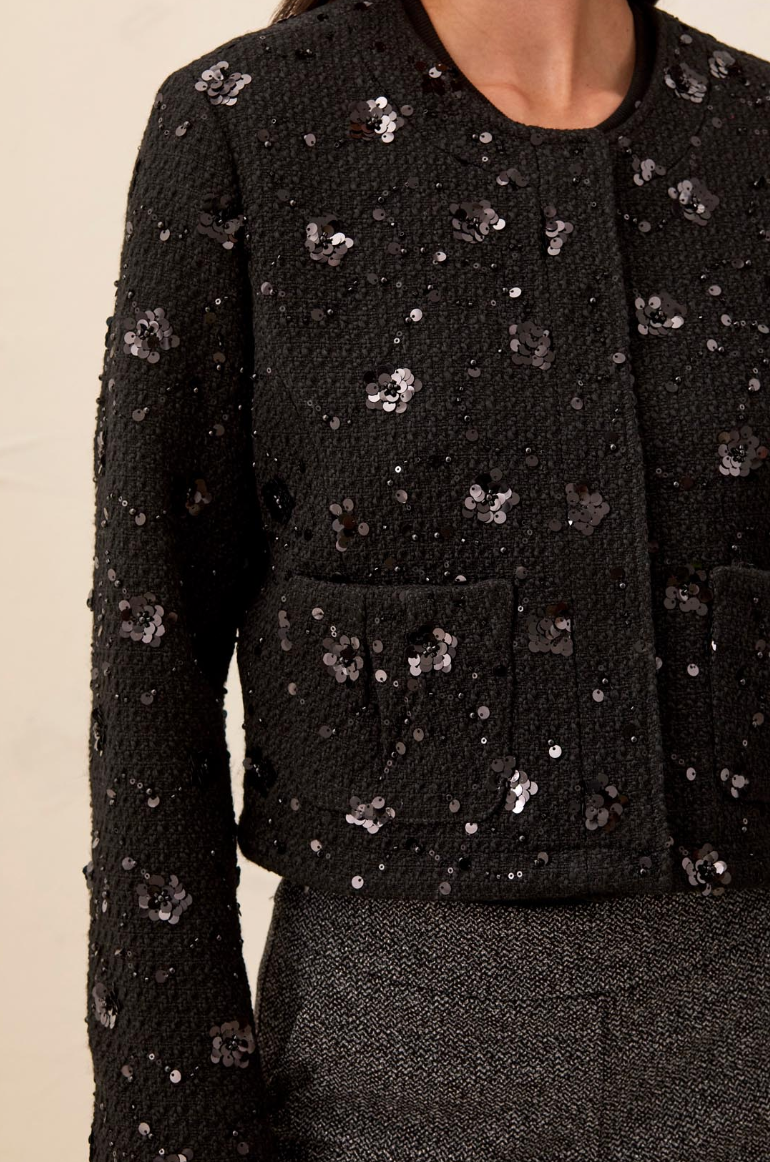 Rey Embellished Tweed Jacket- BLACK
