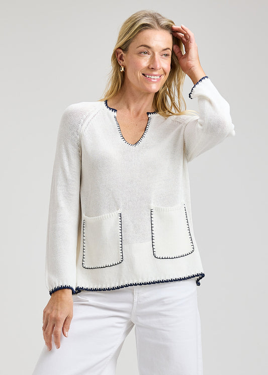 Capri Whipstitch Sweater- WHITE