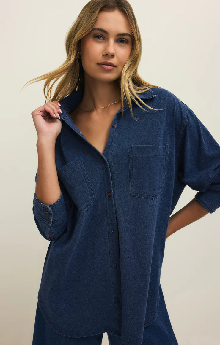 Reese Jersey Denim Button Up